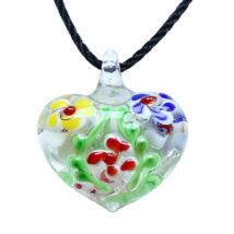 Muránói üveg medál, szív alakú, virágokkal - piros- sárga-kék