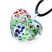 Muránói üveg medál, szív alakú, virágokkal - piros-kék