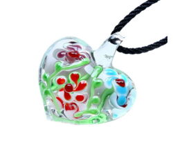 Muránói üveg medál, szív alakú, virágokkal - piros-világoskék-bordó