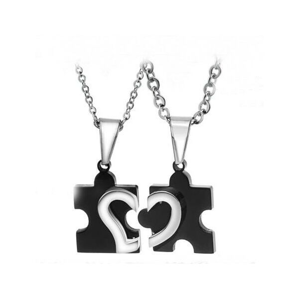 Veled vagyok egész - puzzle formájú - páros acél nyaklánc - fekete-Valentin napra ajánljuk!
