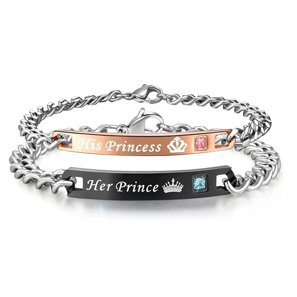 "HIS PRINCESS - HER PRINCE"- PÁROS, hátlapon gravírozható nemesacél karkötő