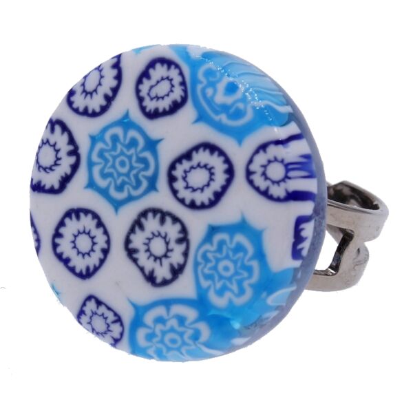 Arlecchino - Muránói üveg, állítható méretű gyűrű - kék, fehér