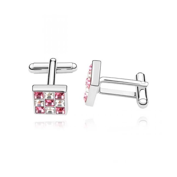 Négyzetes mandzsettagomb - rózsaszín, fehér - Swarovski kristályos