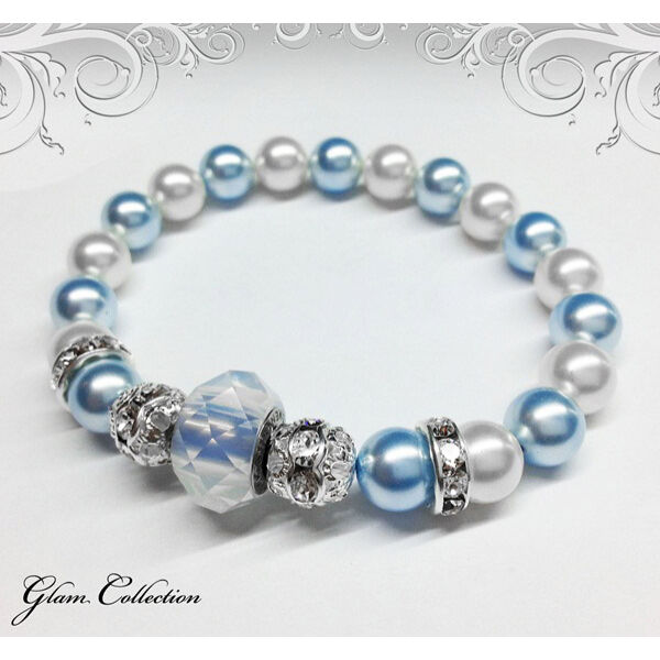 Swarovski gyöngy karkötő - White Opal, nagyméretű kristállyal - kék