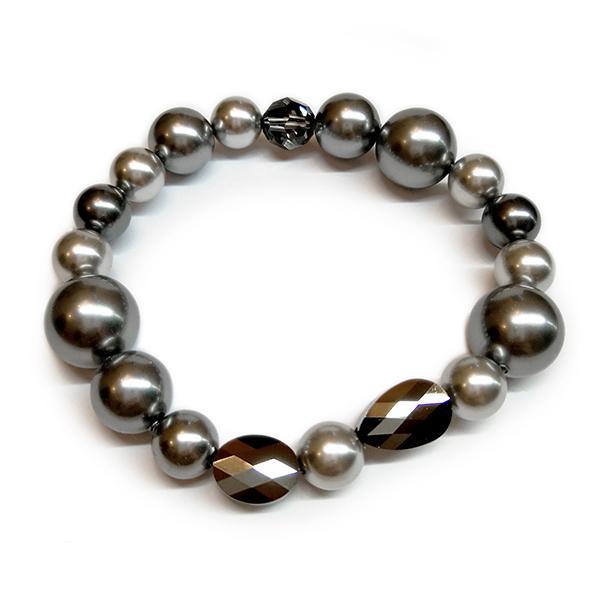 Swarovski gyöngy karkötő Swarovski kristályokkal - Light Grey, Grey, Silver Night - ezüst