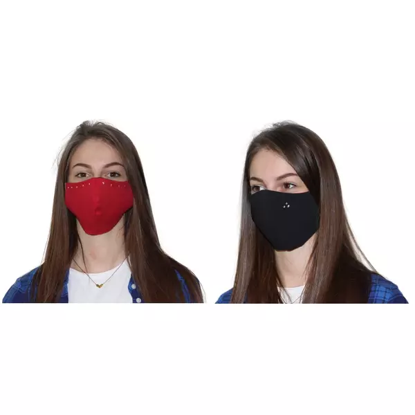 Kétoldalú Swarovski kristályos egészségügyi maszk - fekete -piros, piros oldalon sávos, fekete oldalon háromszög mintával
